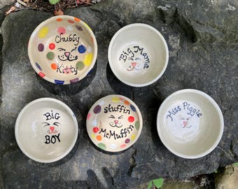 Cat Food Bowls, Snarky Pokka-dot fun, Hand-made, Wheel-thrown, Variety of sizes, DGrahamPottery