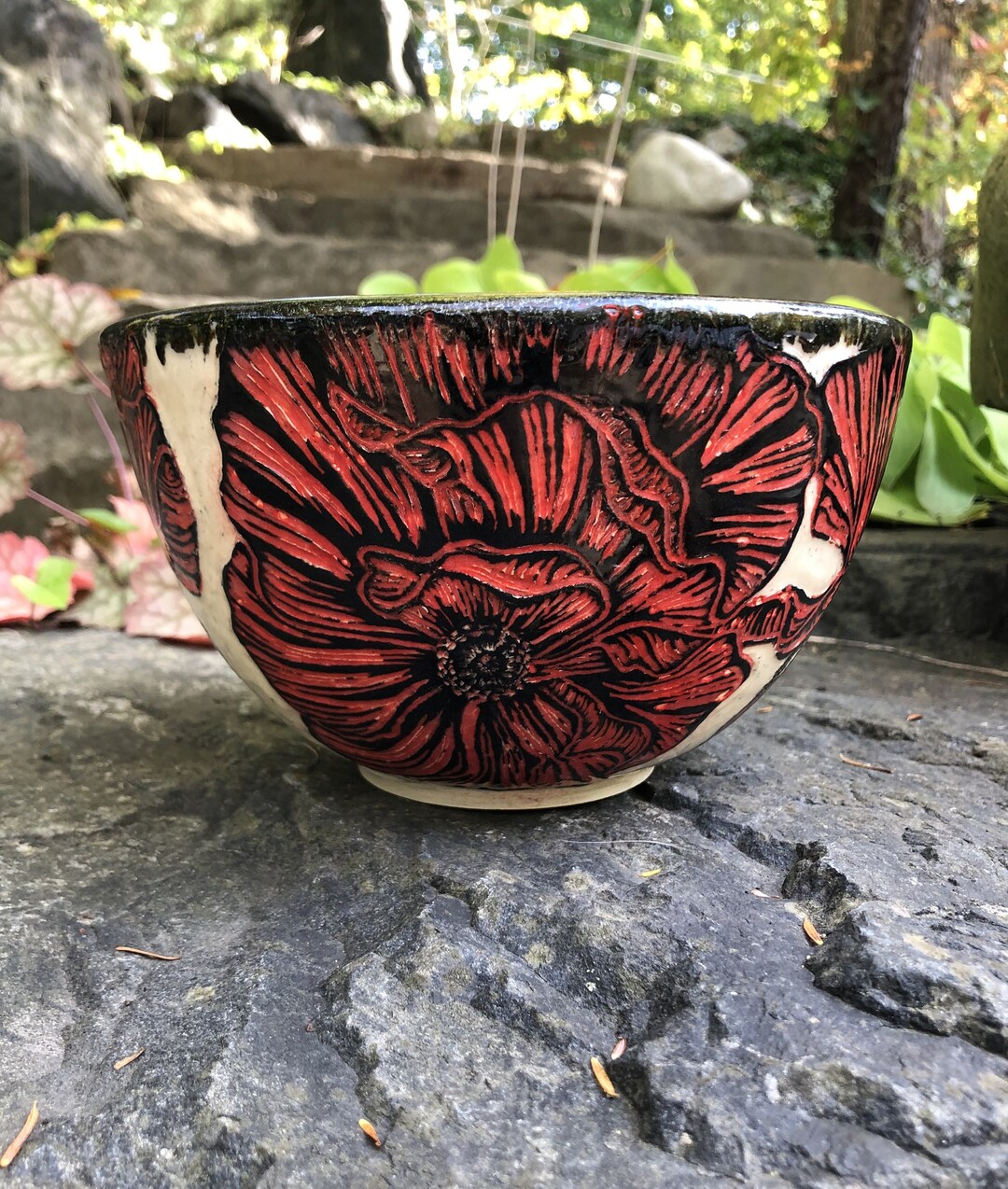 Hand-carved Poppy Bowl, Sgraffito Pottery, Dgrahampottery - Etsy