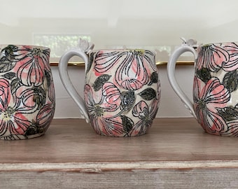 Dogwood mugs, Handmade, drawn and carved Pottery,  Mishima style, Asian inspired, Wheel-thrown DGrahamPottery