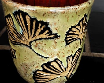 Ginkgo Leaves Cup, Wheelthrown Stoneware Pottery, Hand drawn and carved, DGrahamPottery