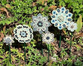 Set of 6 Everlasting Ceramic Flowers, Beautiful Blues, year-round appeal, indoor-outdoor decor, great gift, DGrahamPottery