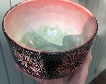 Beautiful Hollyhocks Sgraffito Bowl, Wheelthrown, hand-carved and painted stoneware,  DGrahamPottery