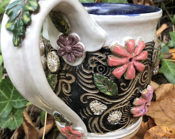 Cottagecore, Folk Art Coffee Mug, Gift for her, Wheel-thrown Stoneware Pottery, DGrahamPottery