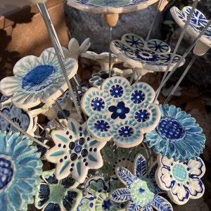 6 mixed size, White Stoneware, Blue Glazed, Everlasting Stoneware flowers, home garden gift, DGrahamPottery