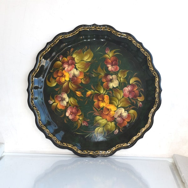 Vintage 15" Zhostovo Metal Hand Painted Green Serving Tray Flower Russian USSR MCM Folk Art Decor Soviet USSR Rustic Pottery Cottage Core