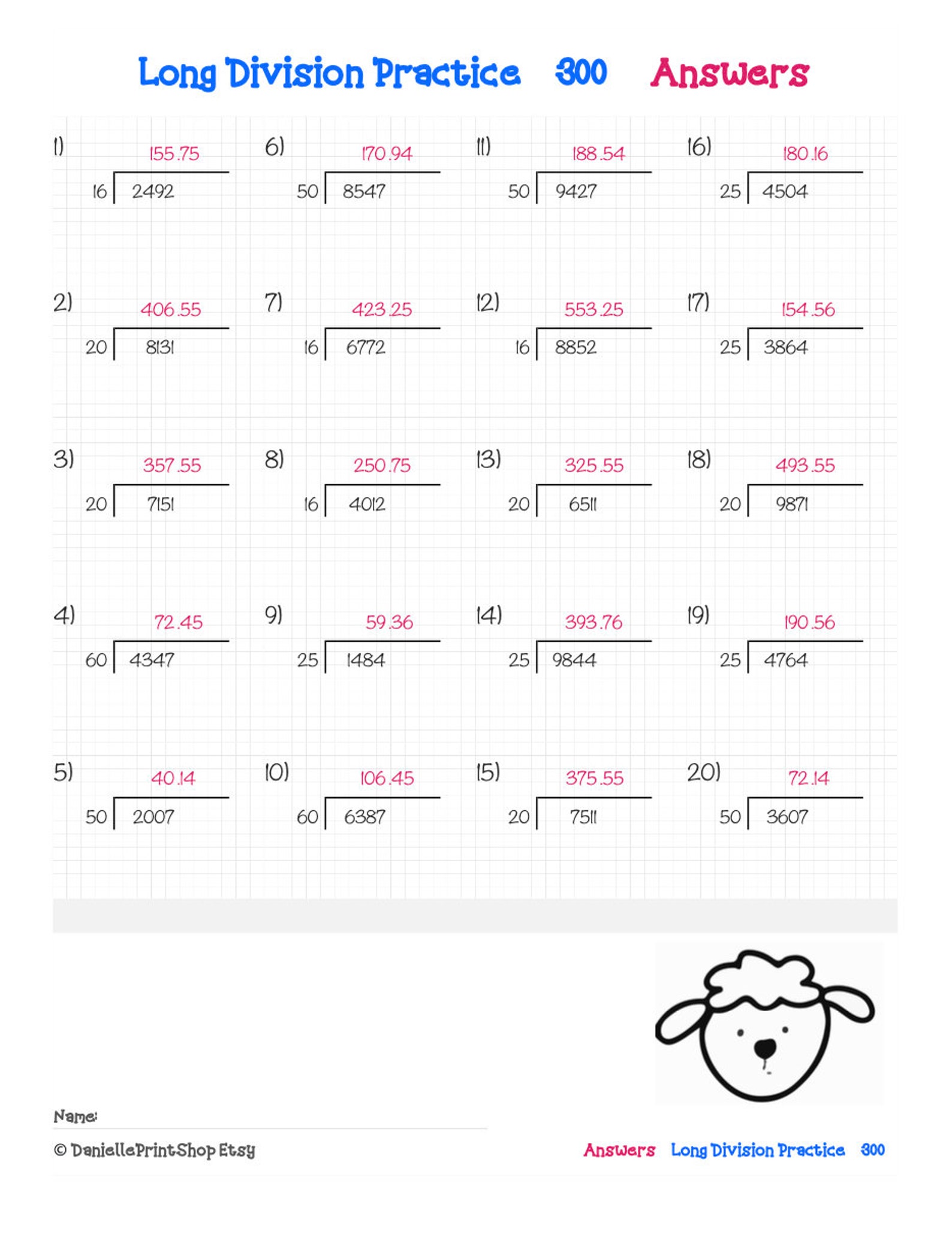 500 math drills long division worksheets with answers etsy