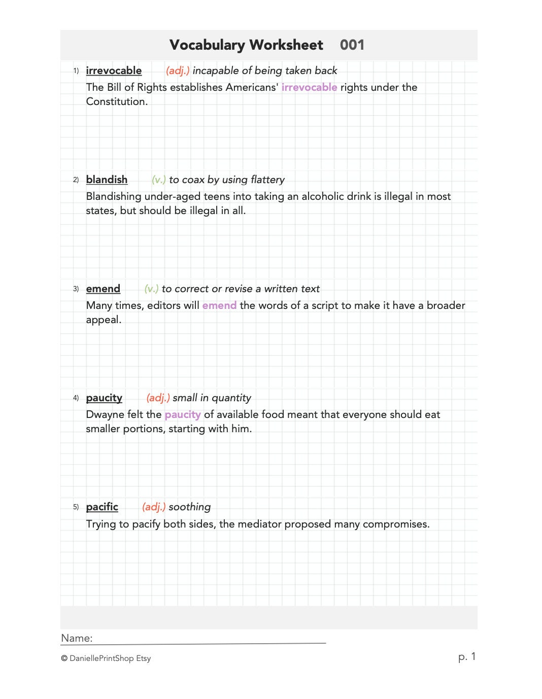 1000 high school sat vocabulary words worksheets and etsy