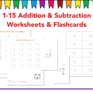 1-15 Addition and Subtraction Practice - Worksheets & Flashcards