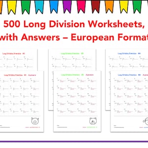 500 Math Drills - Long Division Worksheets - European, French (with Answers)