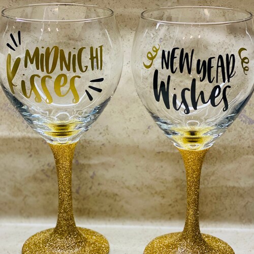 New Years Eve Wine Glass/new Years Wishes/midnight Kisses Etsy