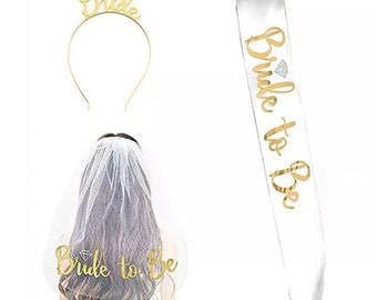 Bride to be Set, 3 pack Bride to Be Sash & Headband Tiara and Shoulder Length Veil, Bachelorette Party, Bridal shower gift, 2 color choices