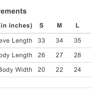 May include: A size chart showing measurements in inches for a garment. The chart includes measurements for sleeve length, full body length, and body width. Sizes range from S to 2XL.