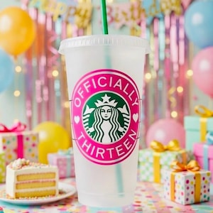 Oficialmente trece, regalo de cumpleaños número 13, oficialmente un adolescente, taza fría de Starbucks, regalos de fiesta de cumpleaños, vaso de cumpleaños personalizado.
