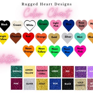 Puede incluir: Carta de colores de Rugged Heart Designs con filas de muestras en forma de coraz&oacute;n en colores s&oacute;lidos como negro, blanco, rojo y tonos ne&oacute;n, seguidas de una cuadr&iacute;cula de cuadrados con textura de purpurina etiquetados como esmeralda, oro y oro rosa.