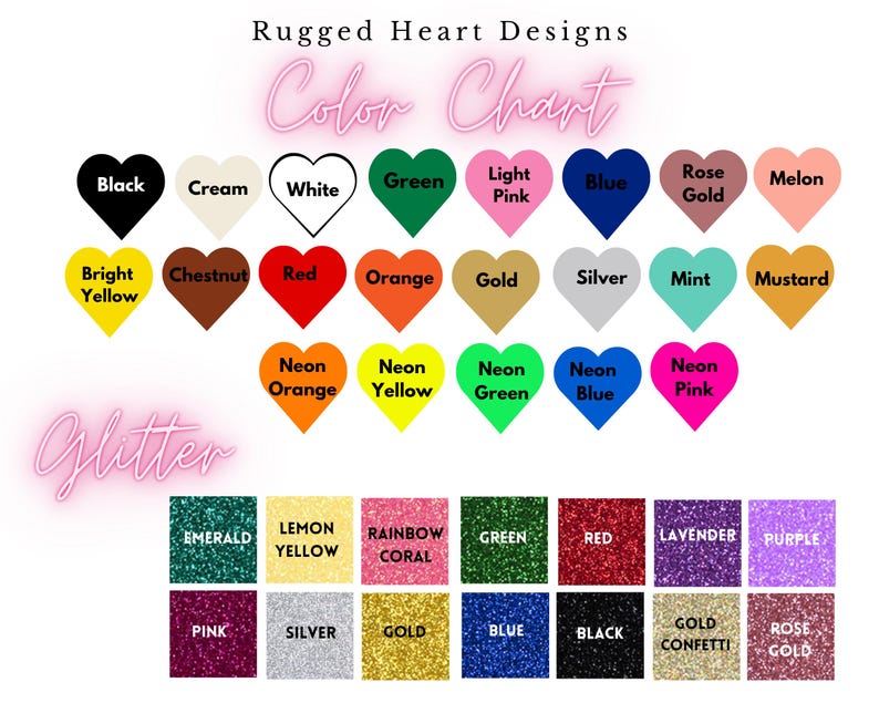 Puede incluir: Carta de colores de Rugged Heart Designs con filas de muestras en forma de coraz&oacute;n en colores s&oacute;lidos como negro, blanco, rojo y tonos ne&oacute;n, seguidas de una cuadr&iacute;cula de cuadrados con textura de purpurina etiquetados como esmeralda, oro y oro rosa.