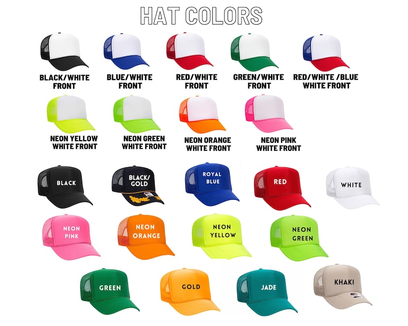 Puede incluir: Una colecci&oacute;n de veinte gorras de camionero mostradas en una cuadr&iacute;cula, con varios colores s&oacute;lidos y combinaciones de dos tonos con paneles frontales blancos. Las gorras incluyen tonos ne&oacute;n, primarios y neutros, con etiquetas que identifican cada color.