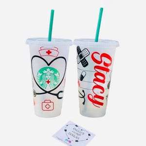 Vaso reutilizable de Starbucks personalizado para enfermeras: vaso frío personalizado con nombre, idea de regalo para enfermeras, vaso médico, reconocimiento a los trabajadores de la salud.