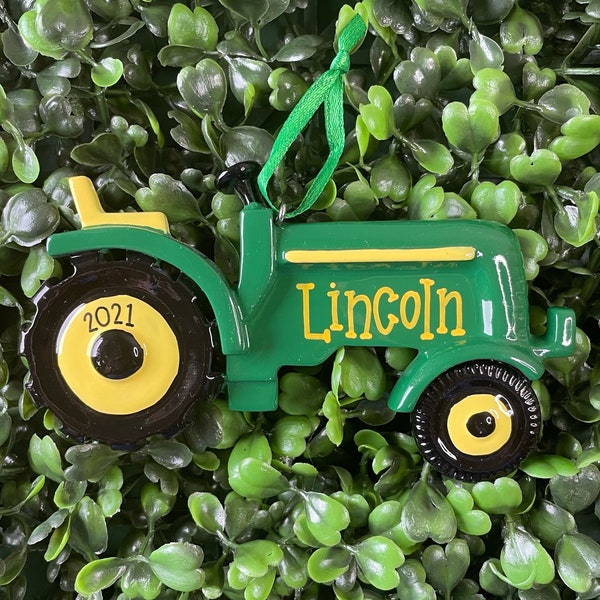 GREEN TRACTOR Ornament  | Hand Personalized • Ceramic • Family Gift • Christmas Ornament Handwritten • Ornament Tree • Little Boy Ornament