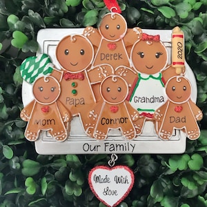 6 - MADE with LOVE GINGERBREAD Family Ornament | Hand Personalized • Ceramic • Christmas Ornament Handwritten • Tree Ornament • Family