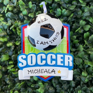 SOCCER SHIELD Ornament | Personalized Soccer Ball Ornament • Ceramic Christmas Ornament • Handwritten • Gift for a Soccer Player Sports Gift