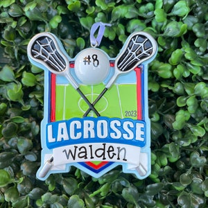 LACROSSE SHIELD Ornament | Hand Personalized • Christmas Ornament Handwritten • Tree Ornament • LAX Player • Lacrosse Partner