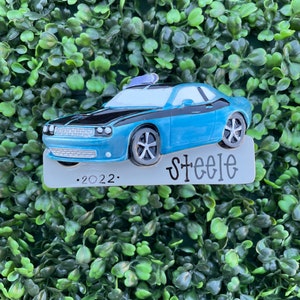 BLUE MUSCLE CAR Ornament  | Hand Personalized • Ceramic • Family Gift • Christmas Ornament Handwritten • Tree Ornament • Fast Car Ornament