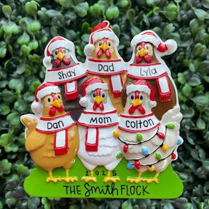 6 - CHICKEN FAMILY  | Hand Personalized • Ceramic • Family Gift • Christmas Ornament Handwritten • Christmas Tree Ornament •
