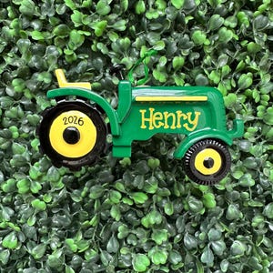 GREEN TRACTOR Ornament  | Hand Personalized • Ceramic • Family Gift • Christmas Ornament Handwritten • Ornament Tree • Little Boy Ornament
