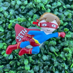 SUPERHERO - BOY Ornament | Personalized SuperHero Ornament • Ceramic Christmas Ornament • Handwritten • Superhero Little Boy Ornament