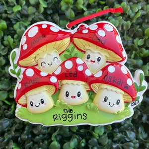 5 - MUSHROOM FAMILY Ornament | Hand Personalized • Ceramic • Christmas Ornament Handwritten • Tree Ornament •  Grandkids Family Ornament