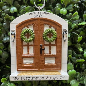 FARMHOUSE DOUBLE DOOR Ornament | Hand Personalized • Ceramic • Christmas Ornament Handwritten • Tree Ornament • New Home For The Holidays