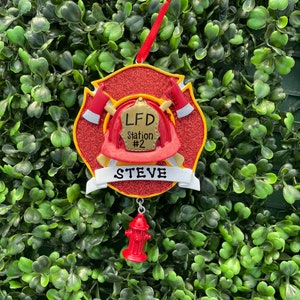 FIREMAN BADGE Ornament | Hand Personalized • Ceramic • Christmas Ornament Handwritten • Tree Ornament • Little Boy Firefighter Gift