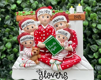 5 - READING IN BED Family Ornament | Hand Personalized • Family of 5 Christmas Ornament • Handwritten • Family of Five Ornament