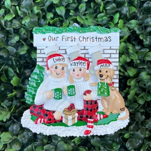 2 + 1 DOG FIREPLACE Ornament | Family of Two with a Dog • Christmas Ornament Handwritten • Tree Ornament • Family Ornament with a Dog