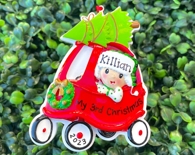 RED TOY CAR Ornament Hand Personalized Ceramic Christmas Ornament Handwritten Tree Ornament