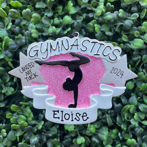 GYMNASTICS Glitter Pink  Ornament | Hand Personalized • Ceramic • Christmas Ornament Handwritten • Tree Ornament •  Balance Beam Gymnast
