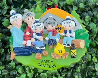 5 - CAMP FIRE FAMILY Ornament | Hand Personalized • Ceramic • Family Gift • Christmas Ornament Handwritten • Tree Ornament • Fun Family
