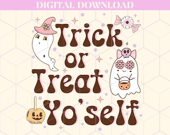 Dolcetto o scherzetto PNG per sublimazione, design per maglietta in stile retrò femminile per la stagione di Halloween, download digitale per stampa DTG, stampa