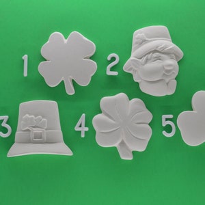 Four Leaf Clover, Leprechaun, Hat and Shamrock for St. Patrick&#39;s Day. Ceramic Bisque Unpainted Ready to Paint DIY, Can be Magnet or Pin