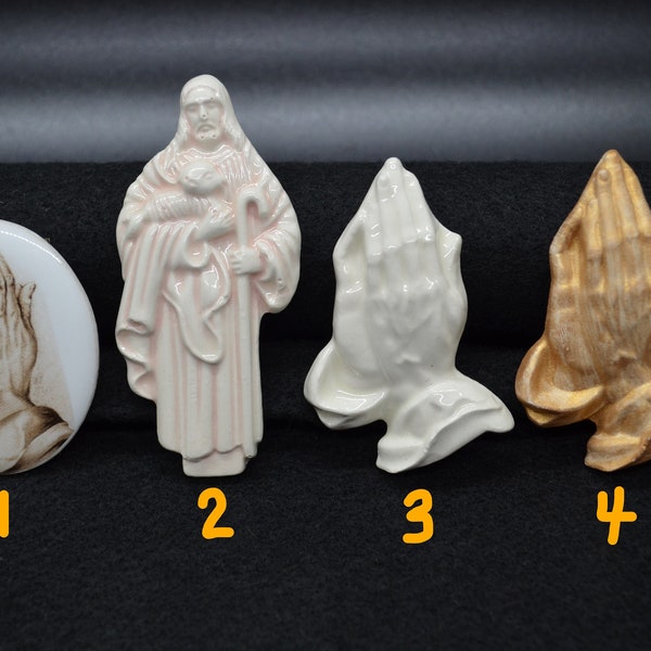 Religious Ceramic Pins, Praying Hands, Jesus. Various Styles and Colors.