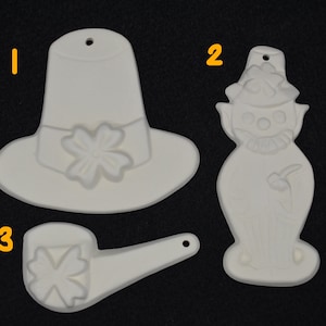 St. Patrick&#39;s Day Ornaments. Top hat, Leprechaun, Pipe. Ceramic Bisque Unpainted Ready to Paint DIY