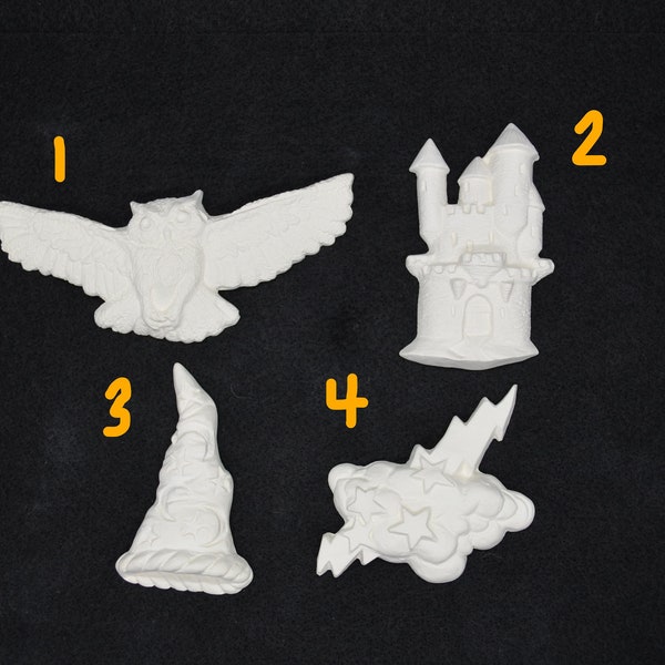 The Wizarding World is calling! Owl, Castle and Wizard Hat. Ceramic Bisque Unpainted Ready to Paint DIY