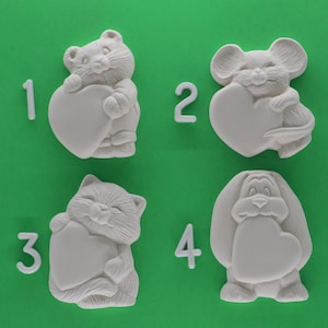 Valentine Love Animals with Hearts, Ceramic Bisque Unpainted Ready to Paint DIY