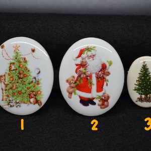Holiday Christmas Ceramic Pins. Christmas Tree and Santa Claus Decals.