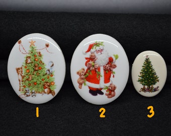 Holiday Christmas Ceramic Pins. Christmas Tree and Santa Claus Decals.