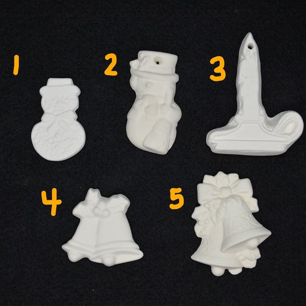 Holiday Christmas Minis, Snowman, Candlestick, Bells, Ceramic Bisque Unpainted Ready to Paint DIY