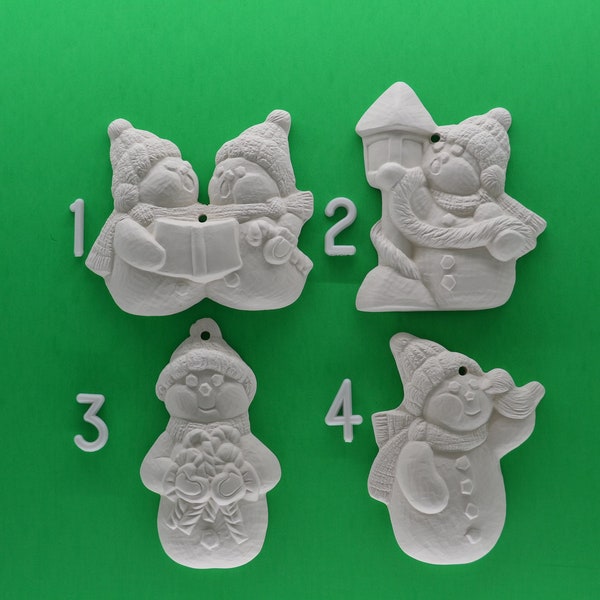 Snowman Holiday Ornaments for Christmas, Various Styles, Ceramic Bisque Unpainted Ready to Paint DIY