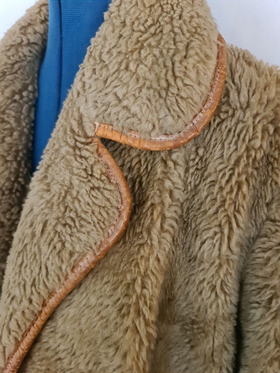 Vintage Teddy Bear Coat 1970s Brown Leather Edges Siz… Gem