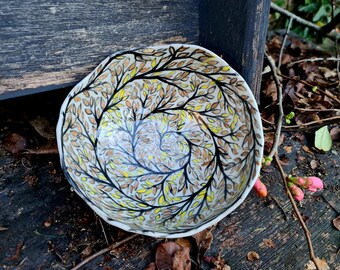 Hand made bowl ceramic hand painted folk leaves birds nature stoneware food safe glazed