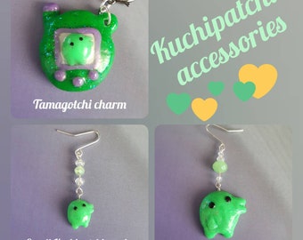 Tamagotchi Kuchipatchi polymer clay charms, earrings, glitter resin accessories, cute kawaii green vintage toy jewelry, vpet craft